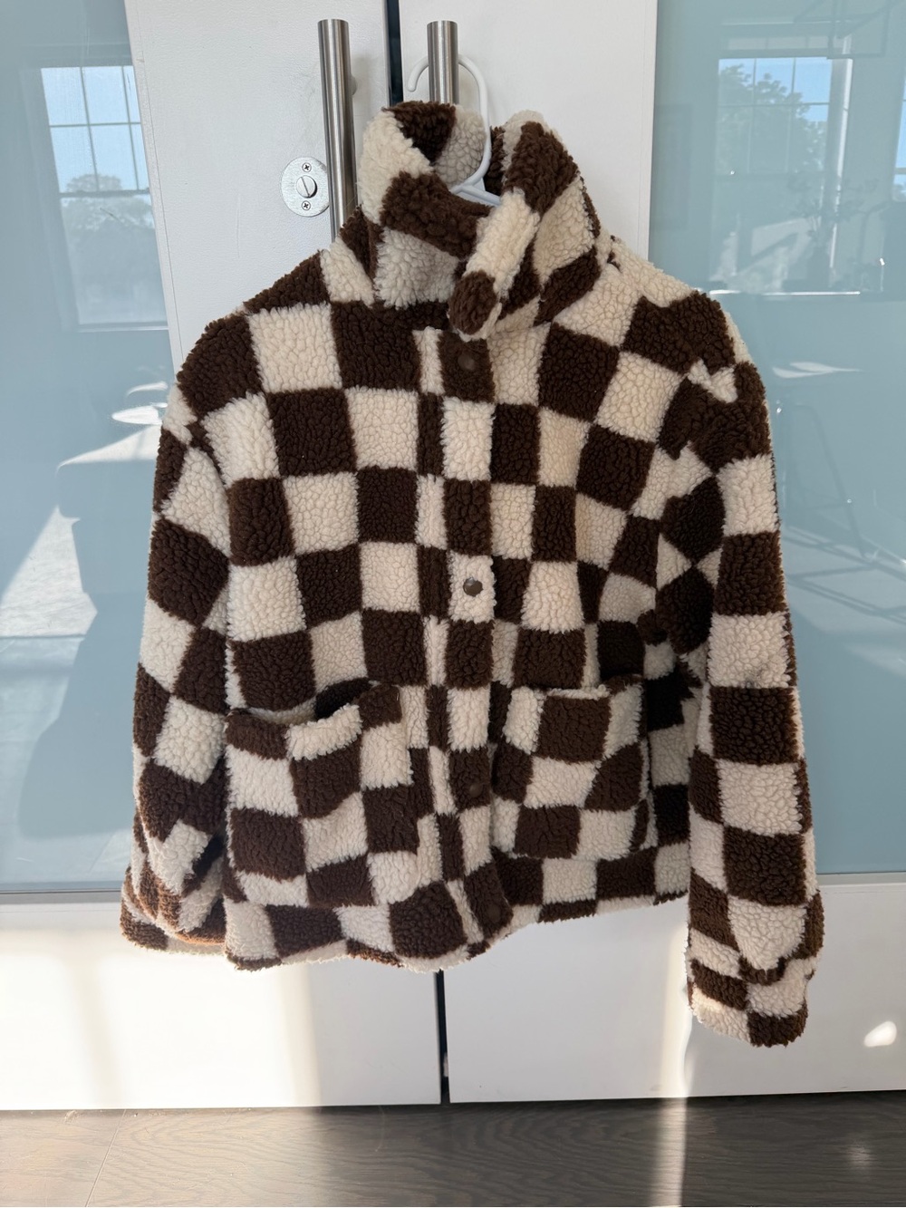 Oversized Checkerboard Sherpa Jacket - Brown & Cream
